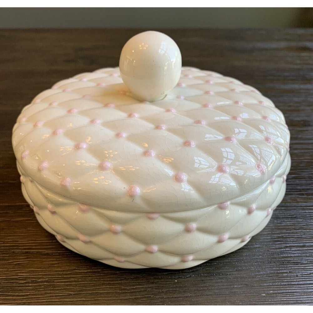 Vintage Ceramic Lidded Trinket Vanity Box Quilted Texture Arnels Mold